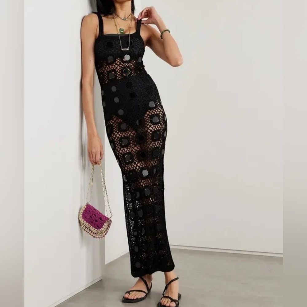 NWT $995 ALIX PINHO Translucid Pailette-Embellished Crocheted Maxi Dress Small - Picture 4 of 7